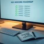 A modern workspace showing an SEO indexing roadmap checklist on a monitor and a notebook reading 'Done is better than perfect', representing fast Google indexing strategies for new websites.