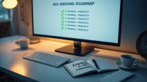 A modern workspace showing an SEO indexing roadmap checklist on a monitor and a notebook reading 'Done is better than perfect', representing fast Google indexing strategies for new websites.